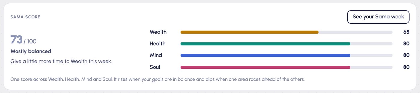 The Sama score: 73 out of 100, with a bar for each area